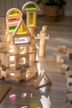 Childish castle with towers wooden colored glass Montessori materials at sunny shine shadow at room