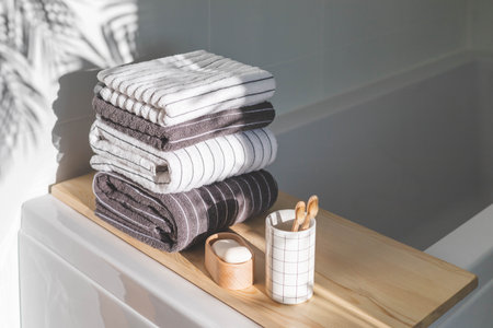 Bath spa soap towels pile soft textile cotton washcloth on wooden tabletop at sunny bathroomの写真素材