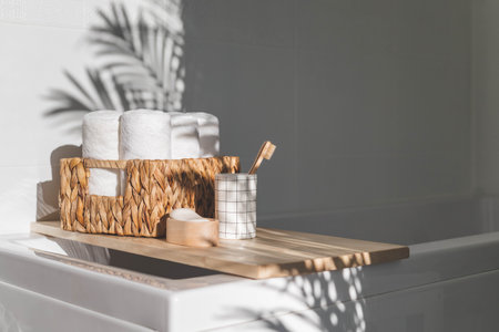 Bathroom domestic spa procedure body care tools arrangement minimal ecology space organizationの写真素材