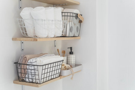 Beautiful white bathroom. Wooden shelves. Rolled towels, stacked towels and baskets. Soap, washclothの写真素材