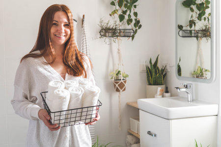 Happy young woman is neatly placing rolled up white towels into a metal mesh basket near bath sink.の写真素材
