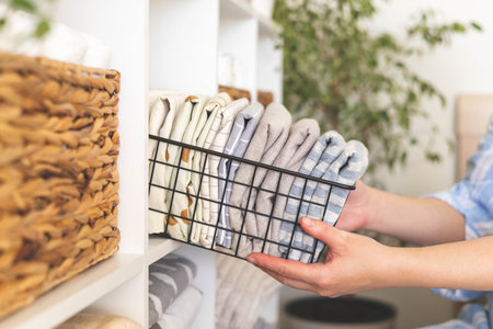 Modern housewife putting neatly folded towels, pillowcases, duvet covers into plastic metallic caseの写真素材