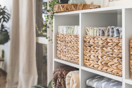 Neatly folded linen cupboard shelves storage at eco friendly straw basket placed closet organizerの写真素材