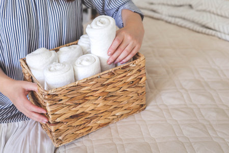 Woman hands neatly folded linens and towels. Japanese storage method.の写真素材