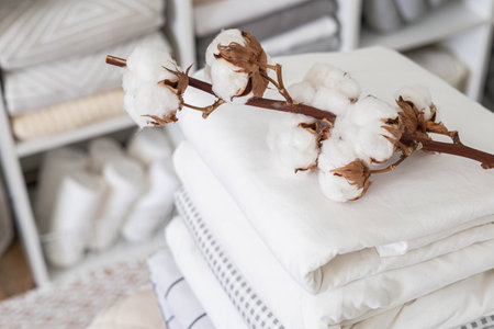 Cotton branch with pile of folded bed sheets and blanketsの写真素材