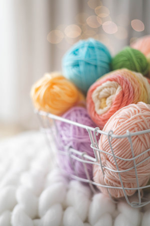 Cozy homely atmosphere. Female hobby knitting. Yarn pastel multicolor in a basket. Skeins, balls, knitting needles, hooks and scissors.の写真素材