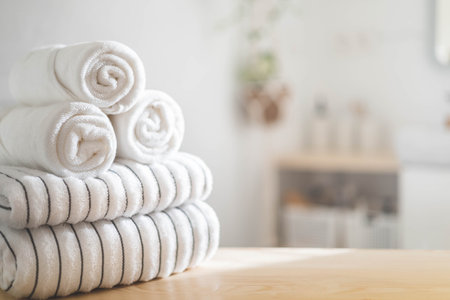 White rolled towels on wooden countertop spa beauty body care hygiene procedure at bathroom. Blurred backgroundの写真素材