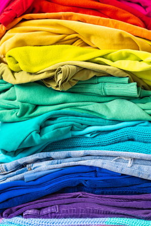 A stack of clothes in different colors. The concept of conscious clothing consumption.の写真素材