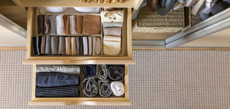 Modern wardrobe with stylish womens clothing. Drawer with underwear, t-shirts, socks and shorts. The concept of storage and order.の写真素材