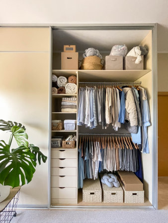 Modern wardrobe with stylish womens clothing. Concept of decluttering, organizing and tidinessの写真素材