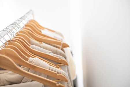 Hanger with neutral beige and white clothes on a white background.