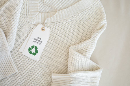 White knitted clothing with a white label that says 100% organic cotton and features a recycling symbol.の写真素材