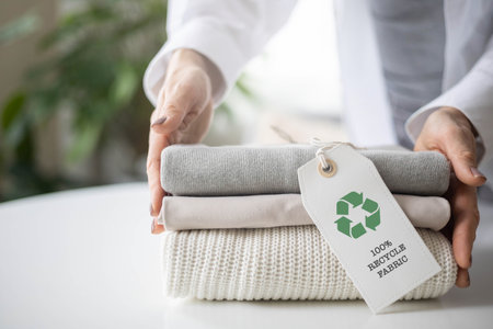 Womans hands hold a stack of clean neat knitted clothes with a 100% recycle fabric label.の写真素材