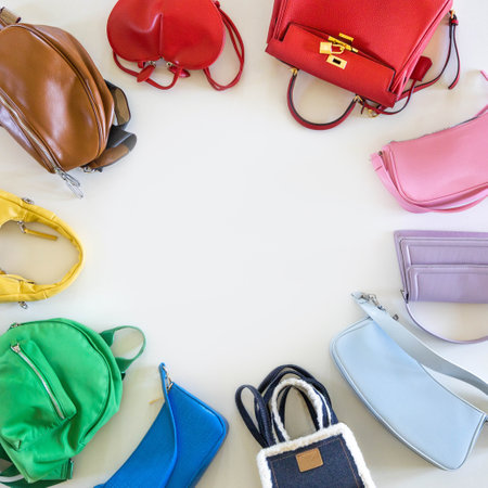 Fashionable multi-colored trendy womens bags on a white background are laid out in a circle.