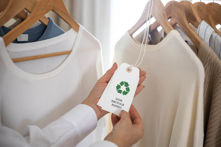 Female hands hold a label from white knitted clothing, on which it says 100 percent recycle fabricの写真素材