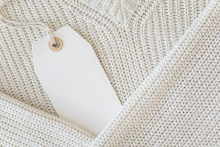 White blank label on a background of white knitted clothing.の写真素材