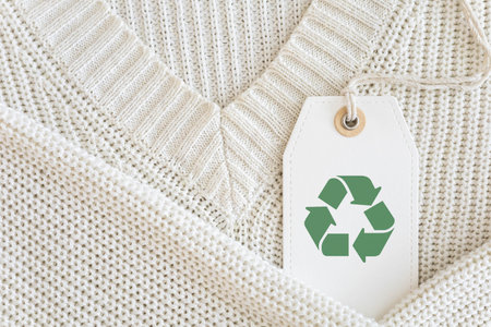 White knitted clothes hanging on a wooden hanger with a white label Recycling.の写真素材