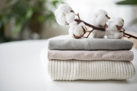 A neat stack of clean knitwear in neutral colors. Concept for sale, recycling, storage of clothing.の写真素材
