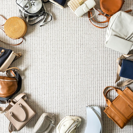 Fashionable, trendy, stylish bags of various sizes and types are laid out in a circleの写真素材