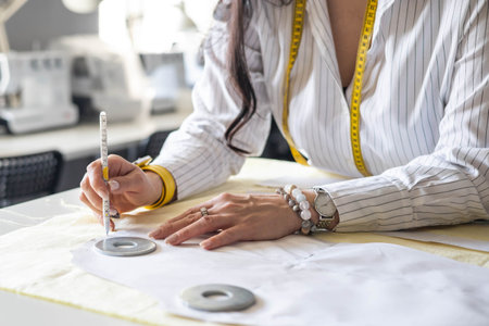 Beautiful young woman plus size dressmaker lays out pattern details on denim and cuts clothesの写真素材