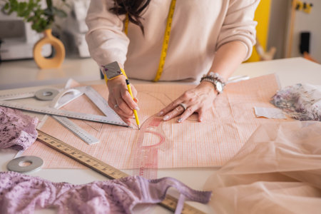 A woman seamstress designs and draws a pattern for underwear on graph paper. Various patternsの写真素材