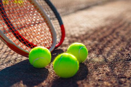 Tennis ball with rocket near grid at outdoor summer sunny court closeup