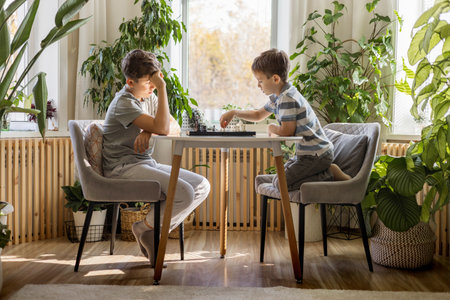 Boys brothers play chess at home at a round table on a chessboard. Children spend time activelyの写真素材
