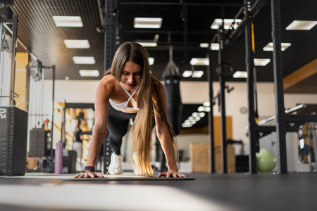 Smiling fitness woman stand in plank position doing push ups training at gymの写真素材