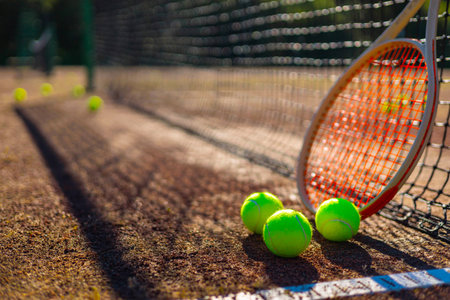 Tennis ball with rocket near grid at outdoor summer sunny court closeupの写真素材