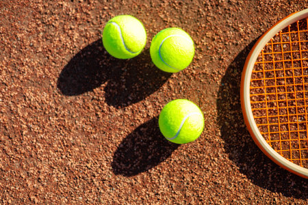 Yellow tennis ball lying on rocket at outdoor summer sunny court ground closeupの写真素材