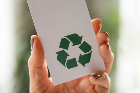 Hand takes a label with the inscription 100 percent recycled material. Recyclable product concept.の写真素材