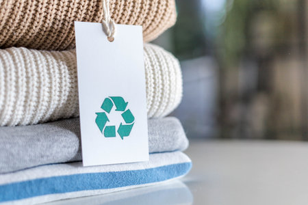 Knitted warm clothes neatly folded heap with craft tag recycling material circle arrow closeupの写真素材