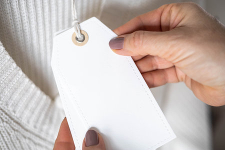 Female hands holding a blank white label on a background of white knitted clothing.