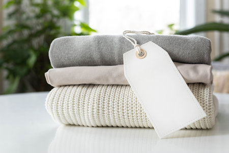 A neat stack of clean knitwear in neutral colors. Blank white label.