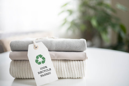 A neat stack of knitted clothing with a 100 percent recycle fabric label. White background.の写真素材
