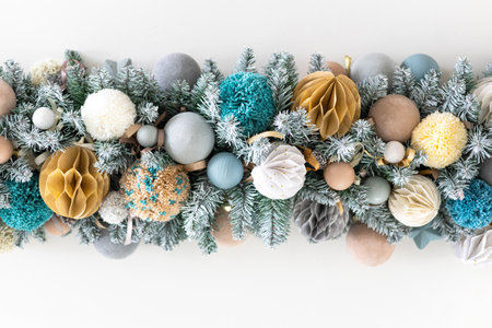 New Year and Christmas border design isolated on white background, fir tree branchesの写真素材