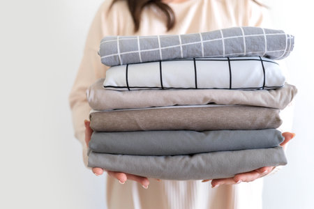Female hands close up hold neat stack of stylish bed linen in natural colors.の写真素材