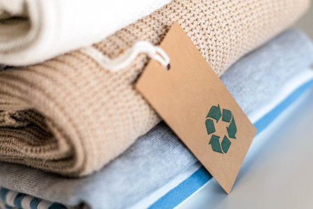 Knitted warm clothes neatly folded heap with craft tag recycling material circle arrow closeupの写真素材