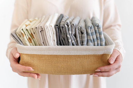 Female hands close up hold wicker stylish natural basket with pillowcases and bed linen.の写真素材