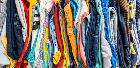 A very tall stack of folded colored clothes for charity, washing, ironing and sorting.