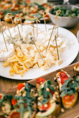 Close-up of assorted cheese platter with skewers, bruschetta on rustic table for festive appetizerの写真素材