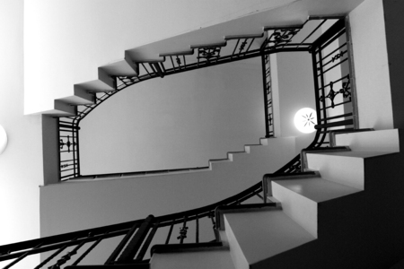 Stairs to the top to photograph closeup black and whiteの写真素材