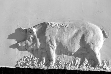 Beautiful sculptures of pigs on the wall of a building photographed in close-upの写真素材