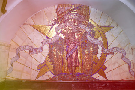 Beautiful mosaic in the Moscow metro with the inscriptionの写真素材