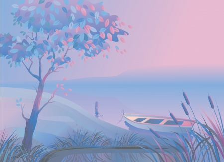 Morning or evening landscape with  a tree, a boat and bulrushes のイラスト素材