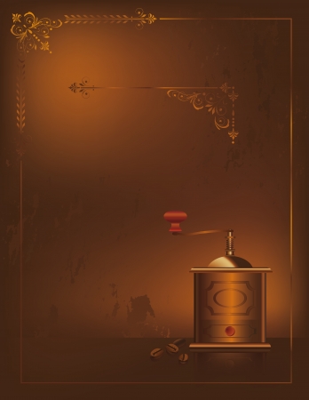 Vintage coffee layout with coffee grinder, coffee beans and grunge backgroundのイラスト素材