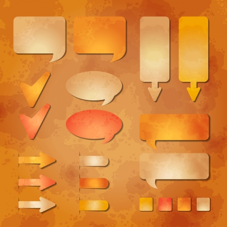 Set of textured web design elements (blank speech bubbles, arrows, banners, check marks and buttons) on the grunge kraft paper background.のイラスト素材