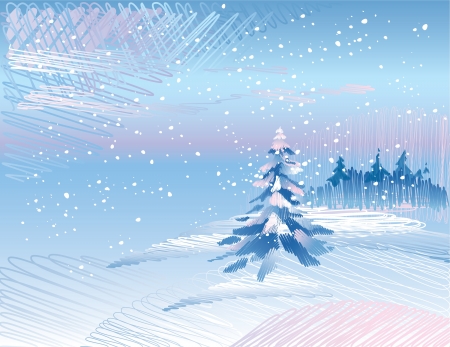 Winter landscape with fir tree forest under falling snow  のイラスト素材