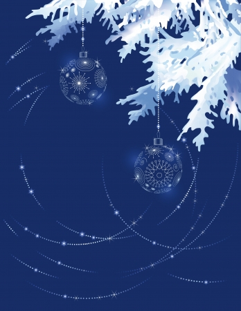 Christmas tree branch with decoration balls on a dark blue backgroundのイラスト素材