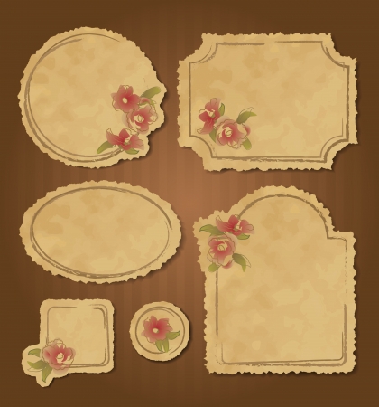 Set of retro floral vintage grunge frames and labels with torn edges. Scrapbook elements.のイラスト素材